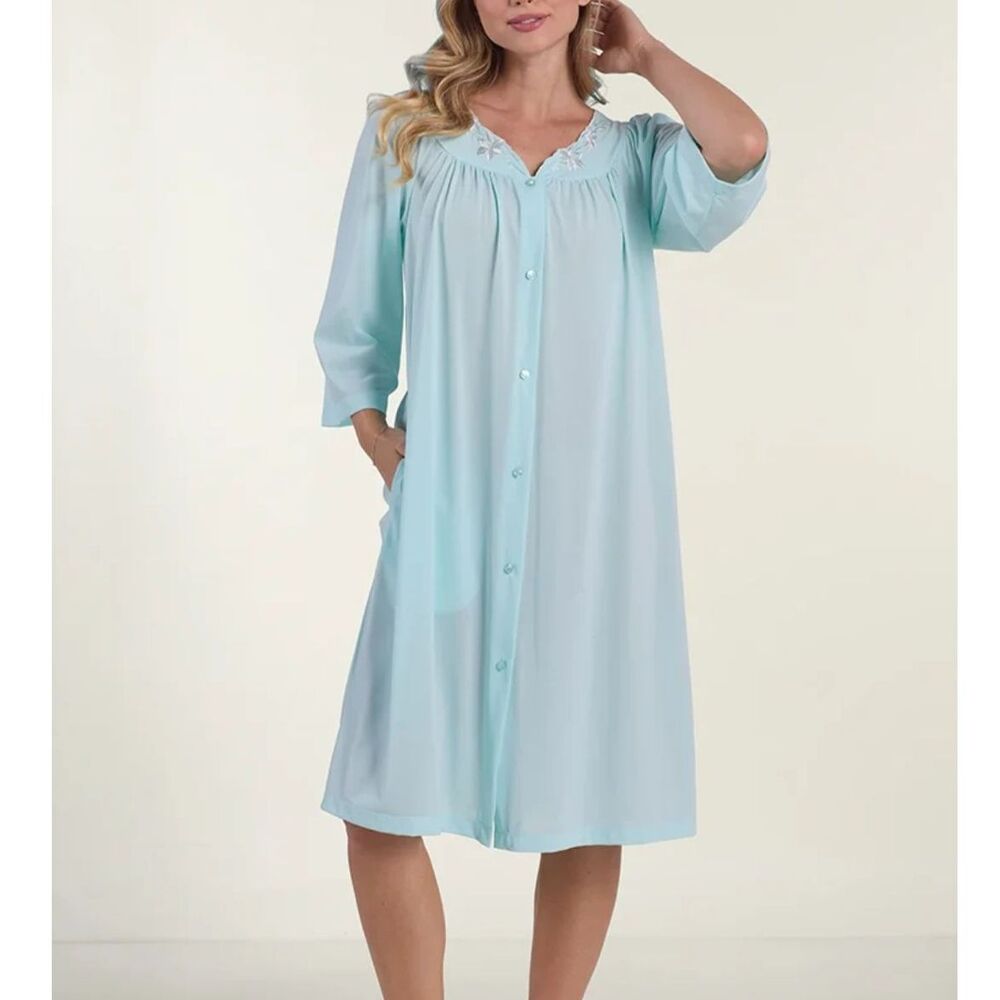 Miss Elaine Floral Emoroidered Nylon Tricot Short Robe Sheer Sea Foam Blue Sz XL